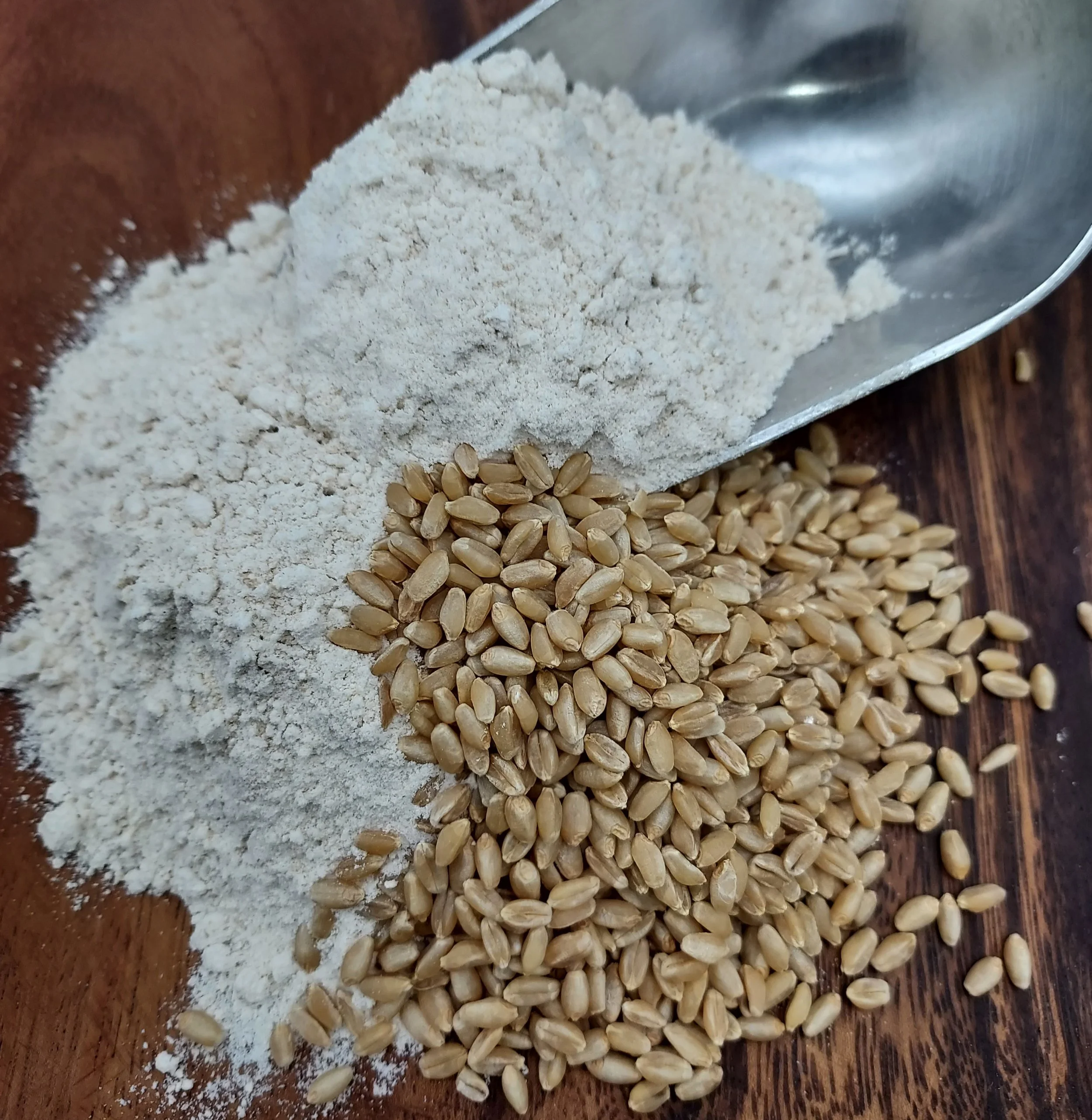 A wooden surface with a scoop filled with white flour, some sunflower seeds, and a reddish-brown spice or powder.