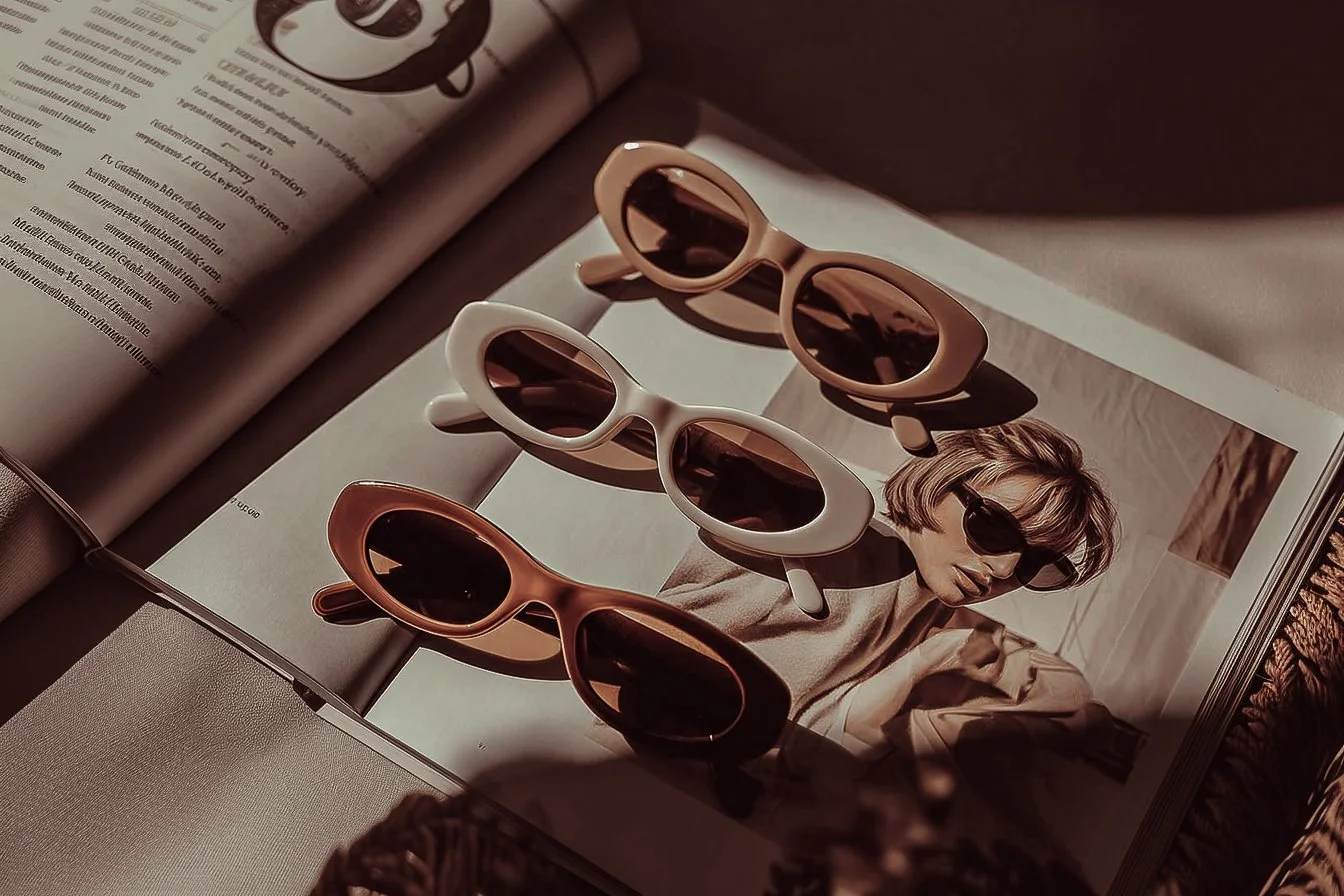 Three pairs of sunglasses placed on an open magazine with a black and white photo of a woman wearing sunglasses.