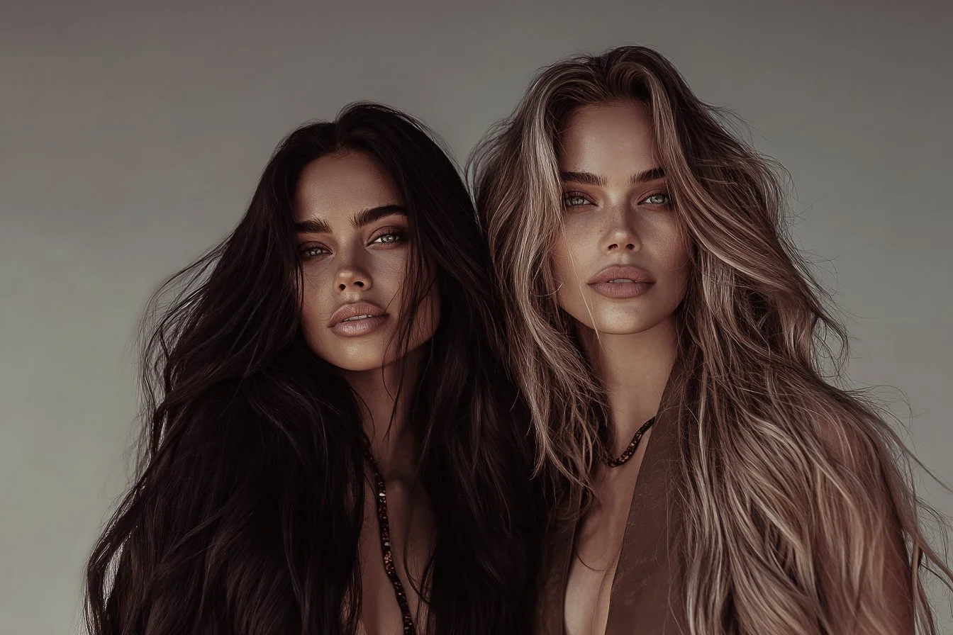 Two women with long, voluminous hair, one with dark brown and the other with blonde, posing together against a neutral background.