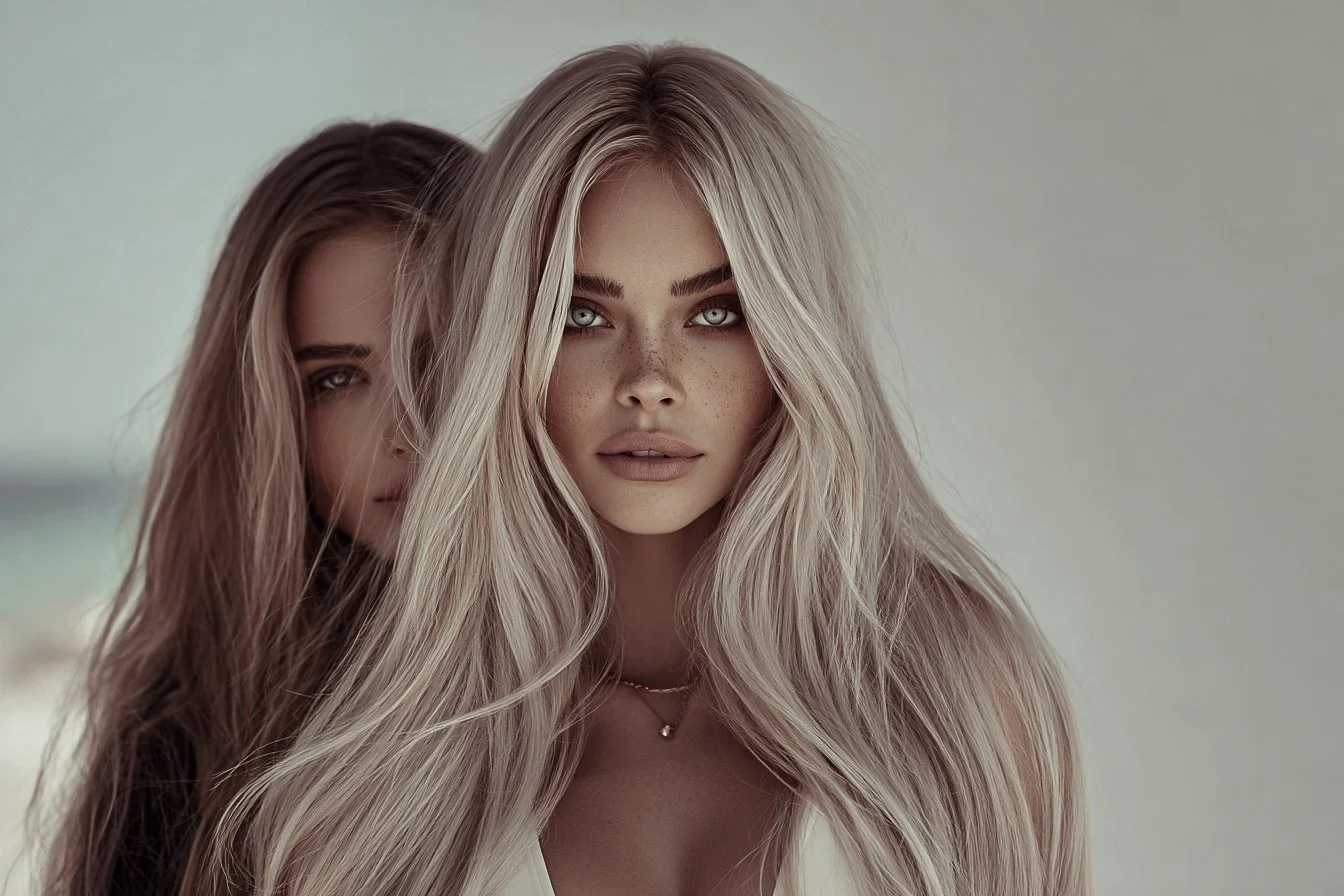 Portrait of two women with long blonde and brunette hair, posing indoors or in a studio.