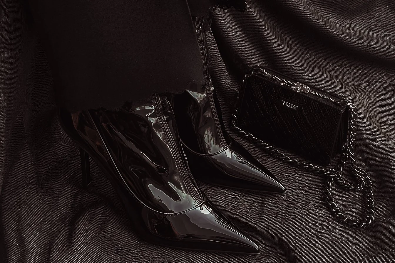 A pair of shiny black high-heeled boots with pointed toes, sitting next to a black Prada clutch with a chain strap, on a dark textured surface.