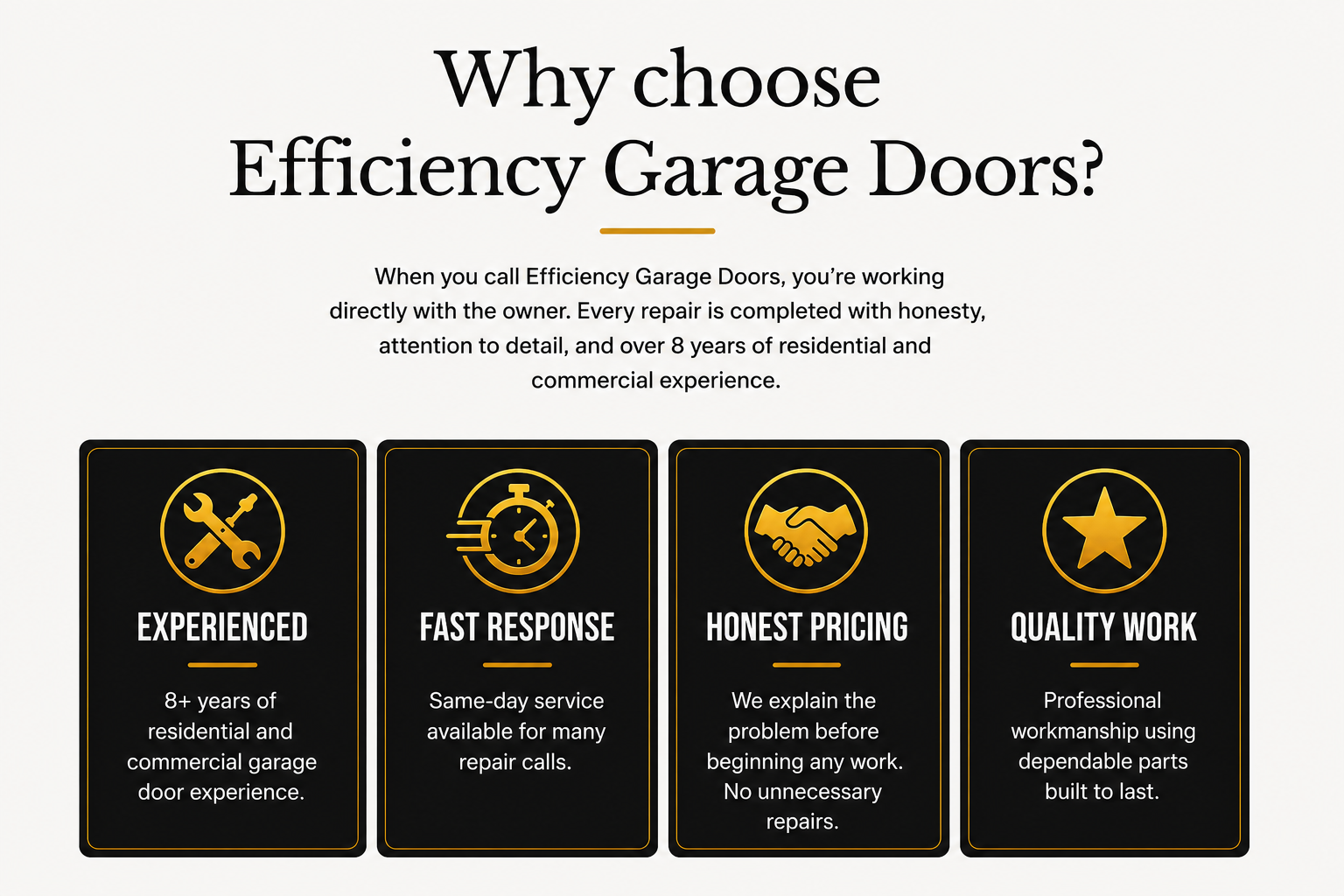 Webpage header titled 'Why choose Efficiency Garage Doors?' with four icons and descriptions: a wrench and screwdriver icon labeled 'Experienced,' a stopwatch icon labeled 'Fast Response,' a handshake icon labeled 'Honest Pricing,' and a star icon labeled 'Quality Work.'