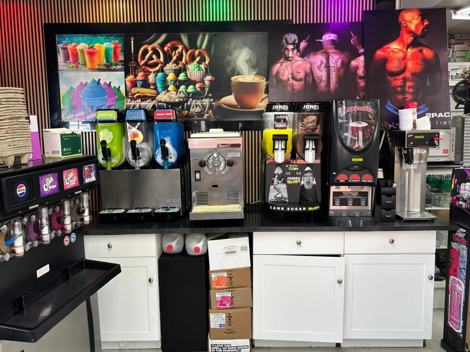 Self-serve beverage station at Athlon Food Store in Edmonton featuring fountain drinks, slush machines, coffee, cappuccino, frozen beverages, and hot drinks.