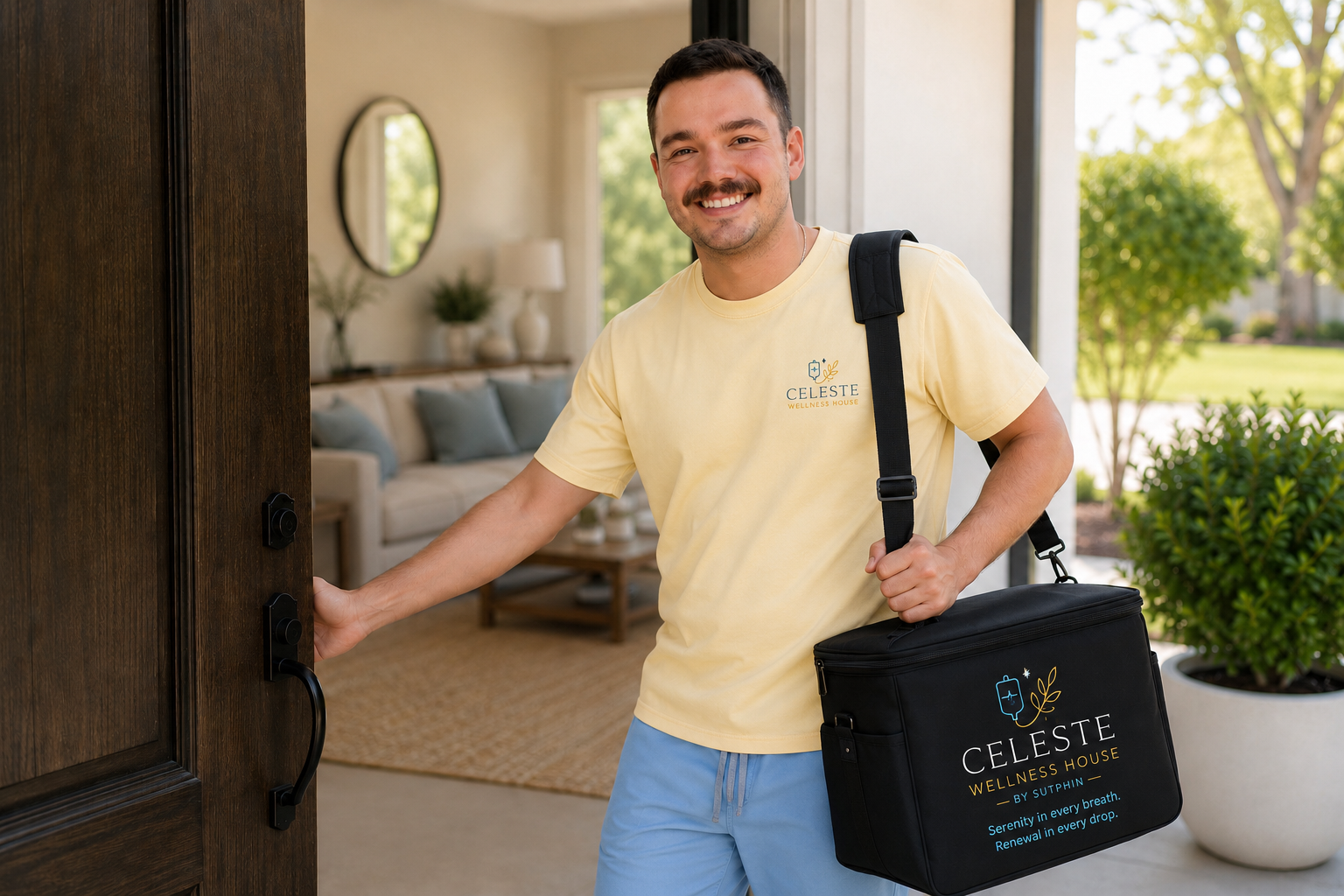 A smiling delivery person in a yellow CELISTE Wellness House t-shirt and light blue shorts arriving at a house and opening the front door with a black insulated bag.