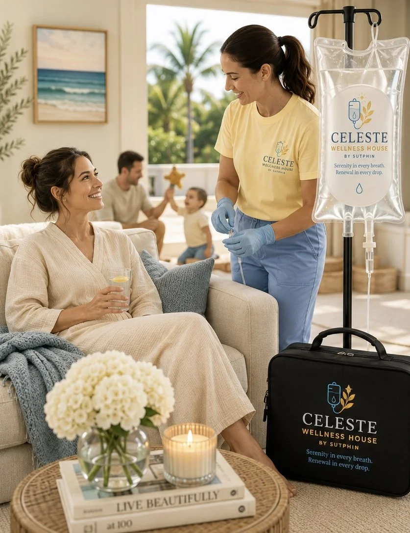 A woman with a drink on a beige couch is smiling while talking to a nurse holding an IV tube. In the background, a man and a small girl are playing with a star-shaped toy on a balcony with a view of palm trees. There is a flower vase and a candle on a table in the foreground, and a black medical bag and IV stand with a Celeste Wellness House logo are visible.