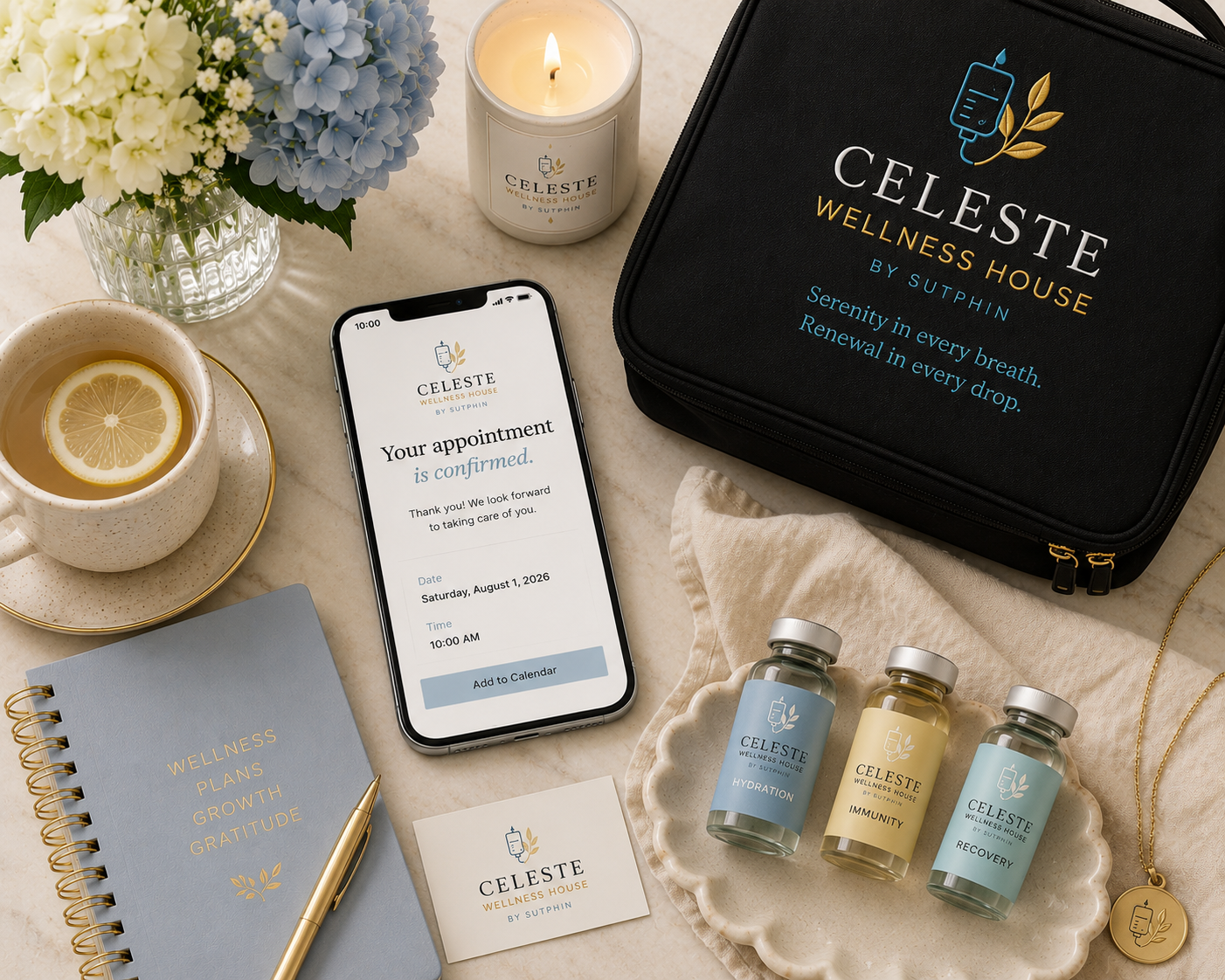 A flat lay of wellness-related items on a marble surface including a bouquet of white and blue hydrangeas in a glass vase, a lit candle labeled Celeste Wellness House, an iPhone displaying a confirmed appointment at Celeste Wellness House, a black carrying case with the Celeste Wellness House logo, a cup of tea with lemon, a notebook titled Wellness Plans Growth Gratitude, three bottles of health supplements labeled Hydration, Immunity, and Recovery, a gold pen, a business card, and a beige cloth napkin with a gold necklace.
