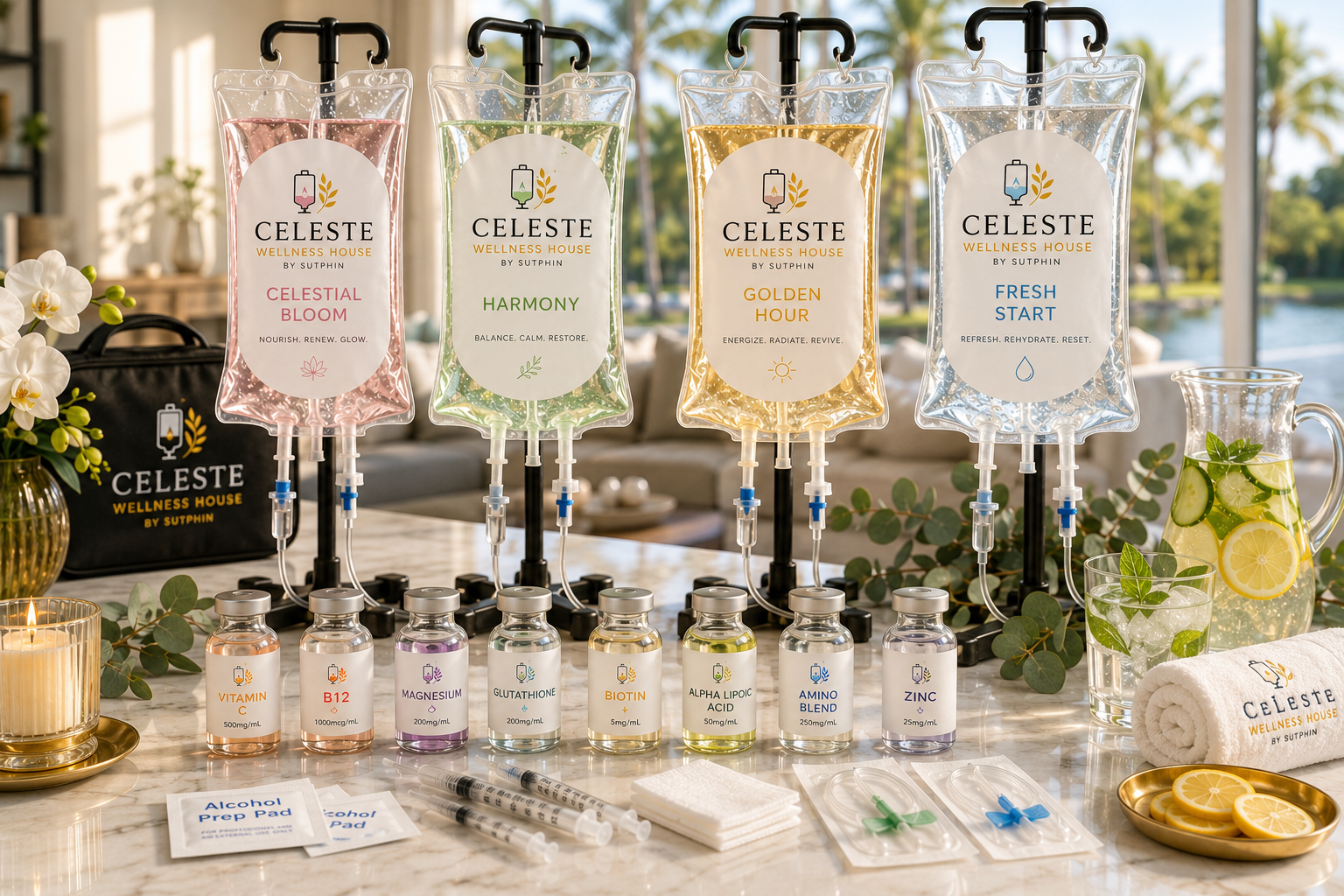 Medical setup with IV bags labeled Celeste Wellness House by Sutphin, filled with colorful liquids named Celestial Bloom, Harmony, Golden Hour, and Fresh Start on a marble table. In front, small bottles labeled with vitamins and supplements such as Vitamin C, B12, Magnesium, Glutathione, Biotin, Alpha Lipoic Acid, Amino Blend, and Zinc. Various medical supplies include syringes, alcohol prep pads, and small vials. The scene features a glass pitcher with lemon slices, a rolled towel, a lit candle, and decorative greenery, indicating a wellness or spa environment.