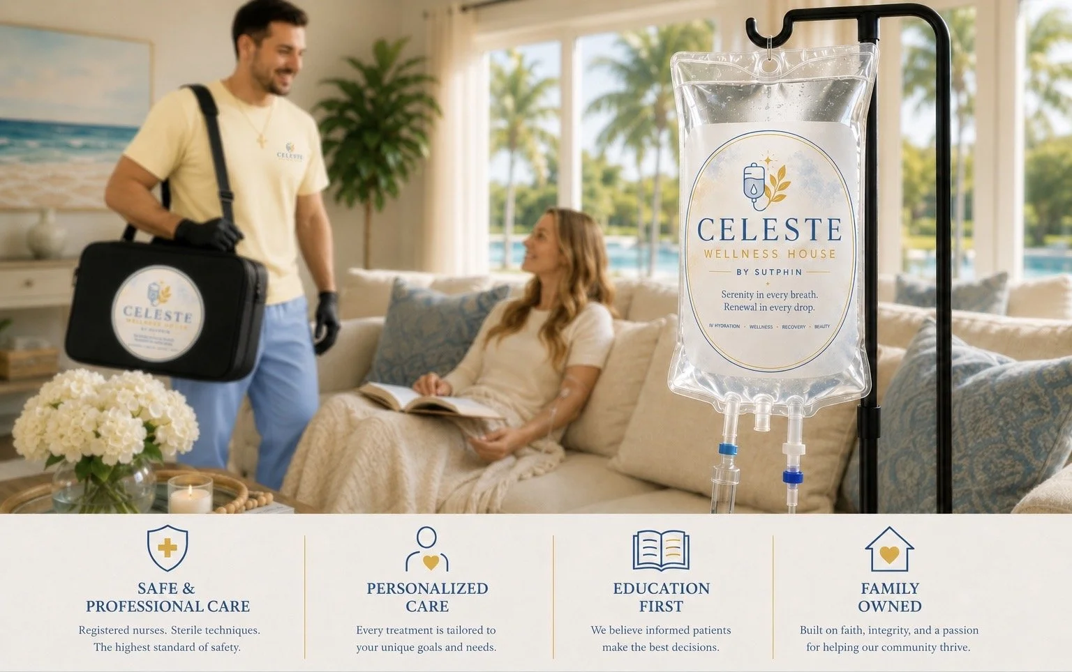 A woman sitting on a beige couch with a book, smiling at a man who is standing, carrying a black bag with the Celeste Wellness House logo, inside a bright room with large windows and tropical trees outside. An IV bag with water labeled Celeste Wellness House is in the foreground. The lower part of the image contains text about care, personalized service, education, and family values.