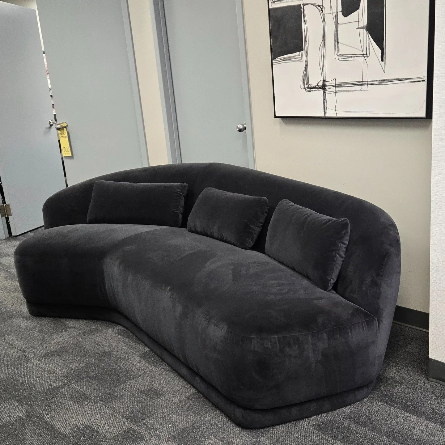 Is this sofa sexy or what? Just landed in the showroom! the way it is upholstered prevents some of the usual fabric bunching and pulling issues that can come with even the best-made curved sofas. You have to sit on it to believe the structural perfec