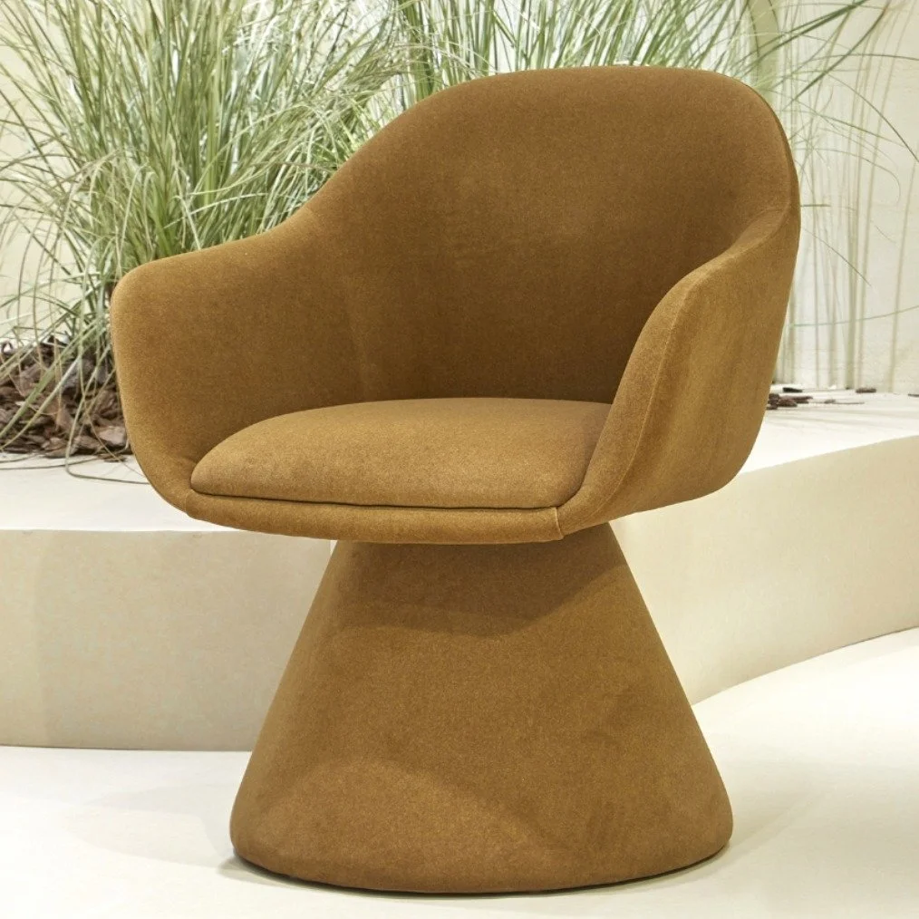 Look at this pedestal armchair in a velvety camel brown colour. Divine! Not rated to TB-133 but contract grade. Made in Turkey. Ask for current pricing and availability!