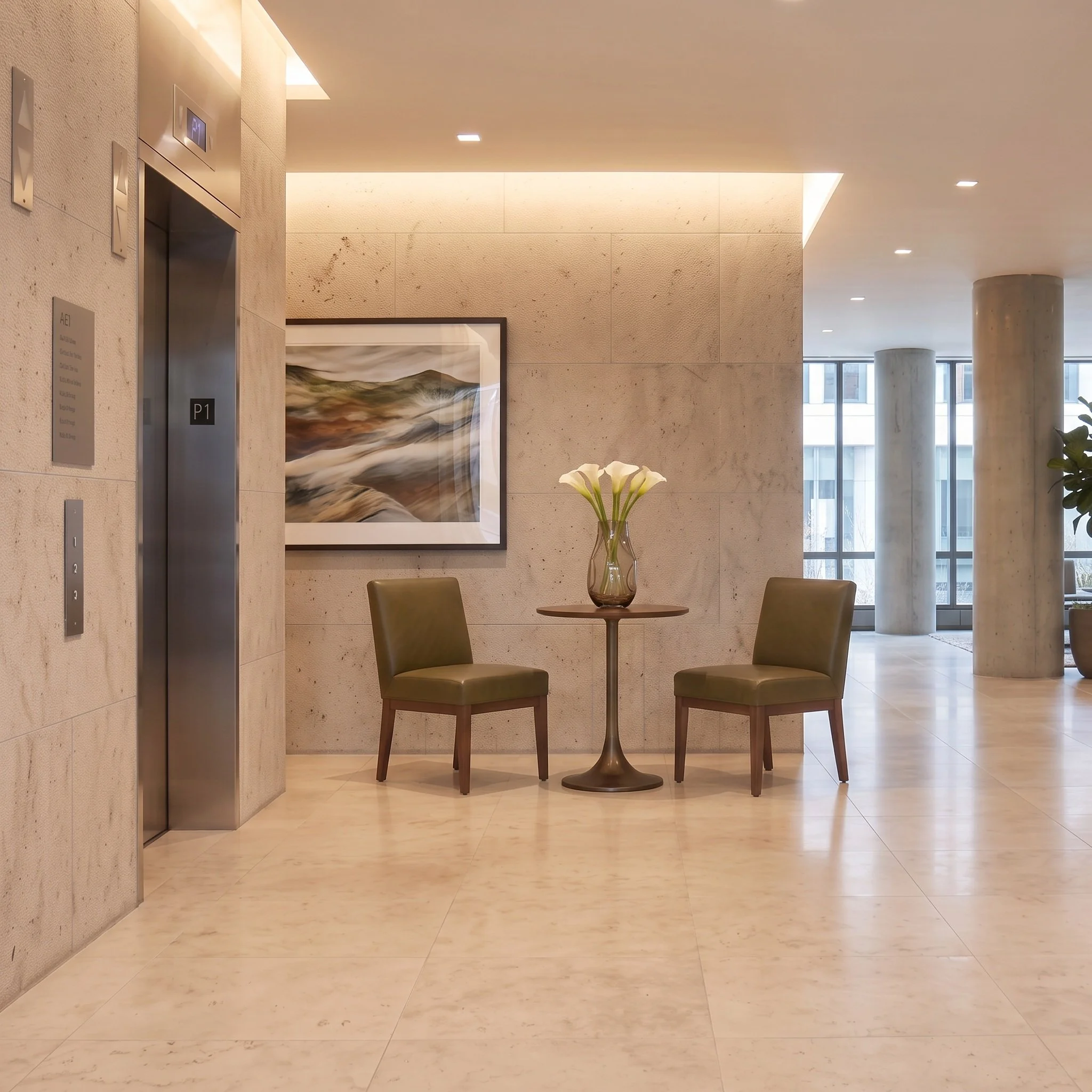 Side chairs or dining chairs can be very useful in an area of the lobby where there is not a lot of space. Here is a scene we envisioned using the Empire II side chairs in moss green faux leather, fire rated to TB-133. Medium walnut stain.
