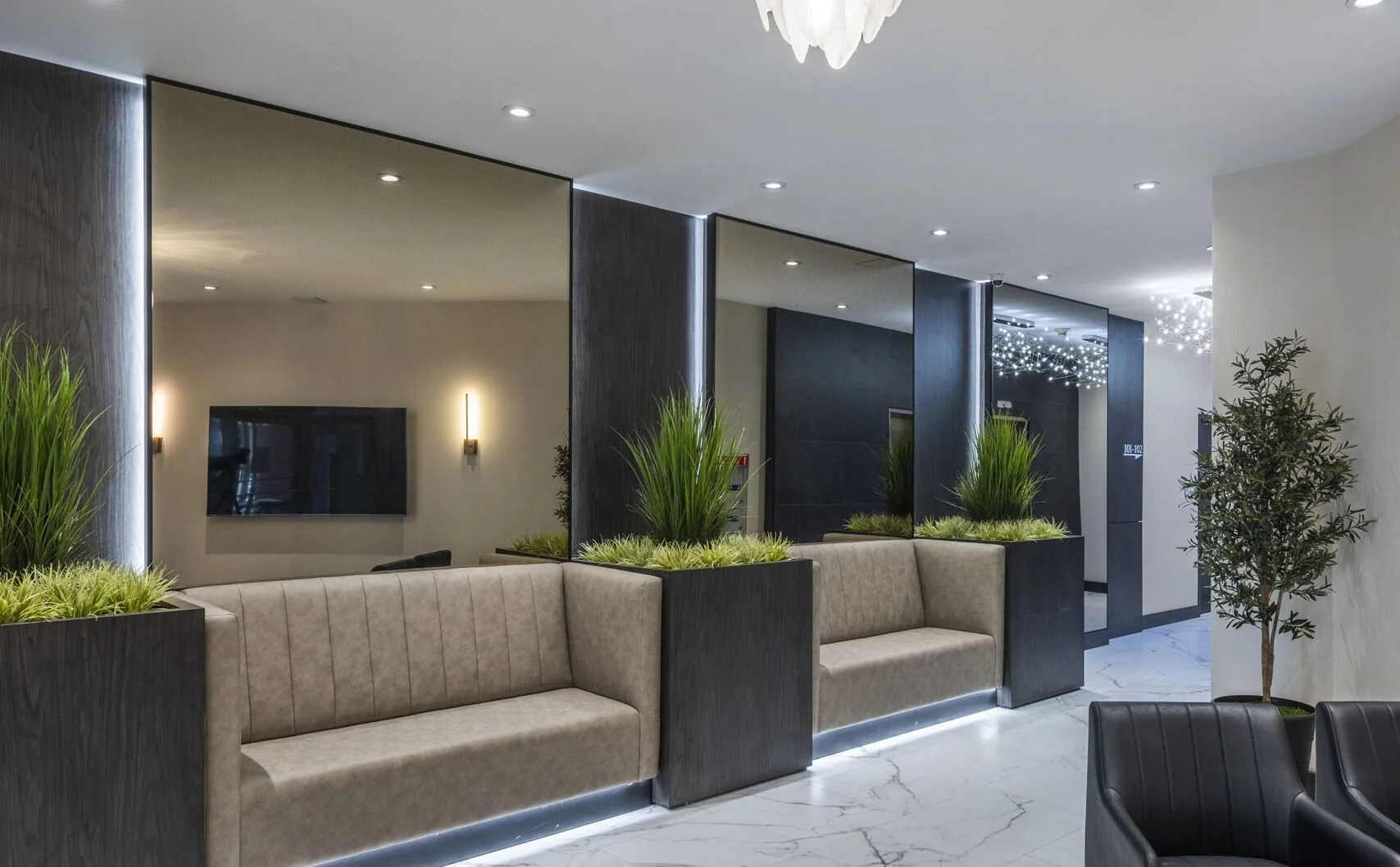 Trellis Lobby Woodbridge Custom Seating and Plants Install