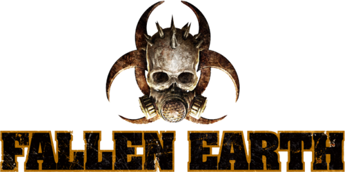 The Fallen Earth game logo, a gas mask superimposed over a radioactive symbol, with the game title below in blocky font.
