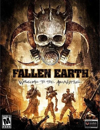 The Fallen Earth box art, depicting a gas mask superimposed over a radioactive symbol, the Fallen Earth title and "Welcome to the Apocalypse" tag line. Three characters stand below the title, armed and ready for combat.