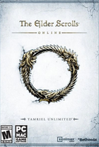 The Elder Scrolls Online box art, depicting the game logo in beveled gold, with the game's "ouroboros" logo; a lion, a dragon, and an eagle consuming one another's tails.