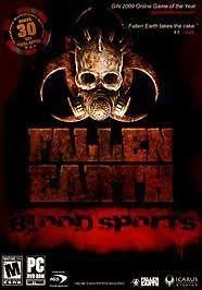 The Fallen Earth Blood Sports box art, which depicts the Fallen Earth logo of gas mask superimposed over a radioactive symbol. The Fallen Earth title and Blood Sports subheader are below, in varying colors of blood red and dark rust.