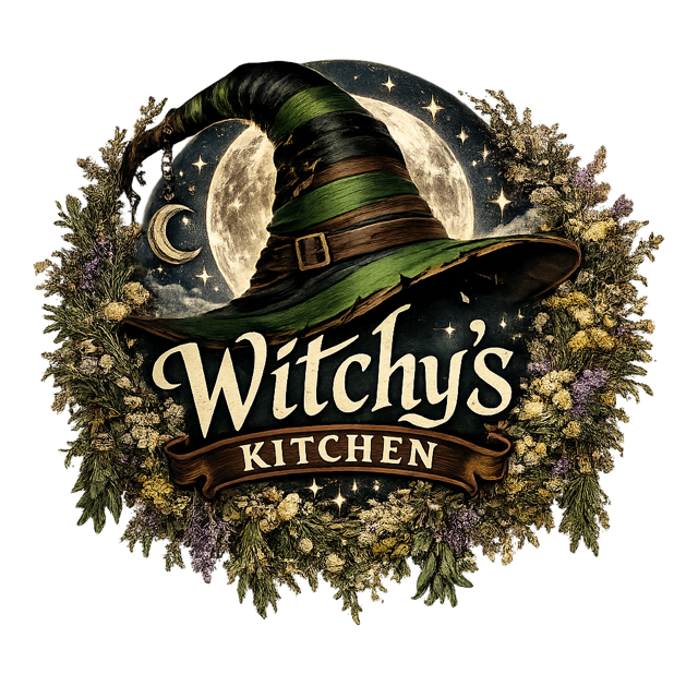 A logo for Witchy's Kitchen featuring a witch's hat with a full moon and starry night background, surrounded by flowers and greenery.