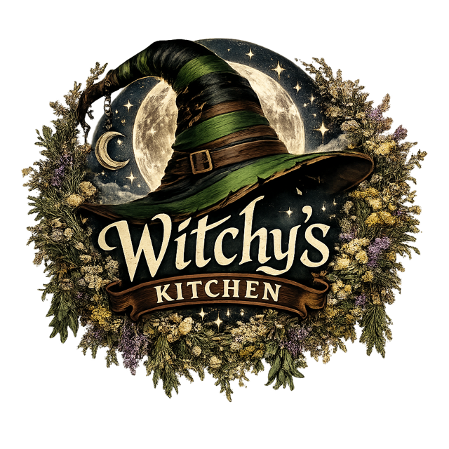 Decorative sign for Witchy's Kitchen featuring a witch's hat with a moon and stars, surrounded by a wreath of flowers and foliage.