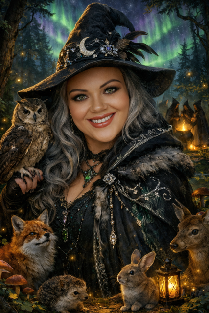 A woman dressed as a witch with a pointed hat, surrounded by forest animals including an owl, fox, rabbit, and hedgehog, with a backdrop of the northern lights and a mystical forest scene.