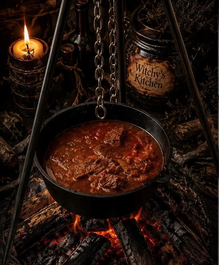 A cast iron pot with stew hanging above a campfire, surrounded by candles and dark rustic decorations, with a sign reading 'Witchy's Kitchen'.