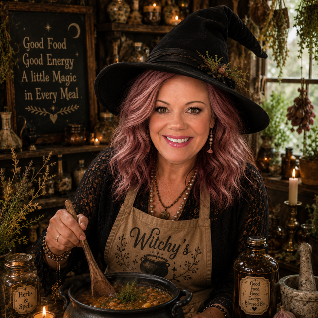 A smiling woman dressed as a witch with a black pointed hat and pink curly hair, stirring a pot of soup or stew in a cozy, decorated kitchen with herbs, candles, and spiritual objects.
