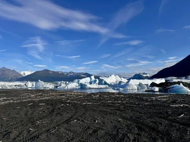 A black sandy beach with icebergs and ice chunks, mountains in the background, and a bright blue sky with clouds.