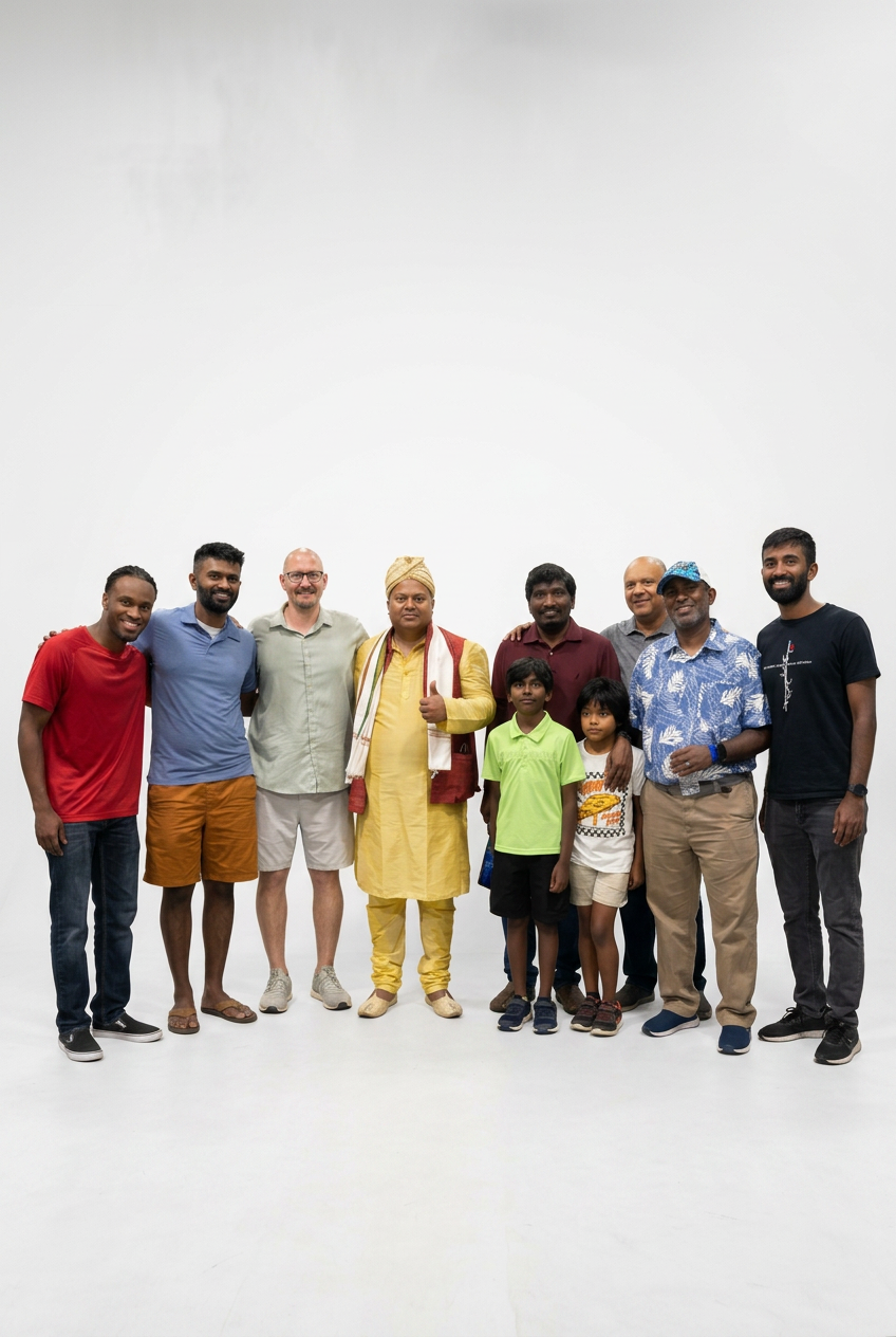 Group of ten people standing together in a studio against a plain white background, smiling for the camera.