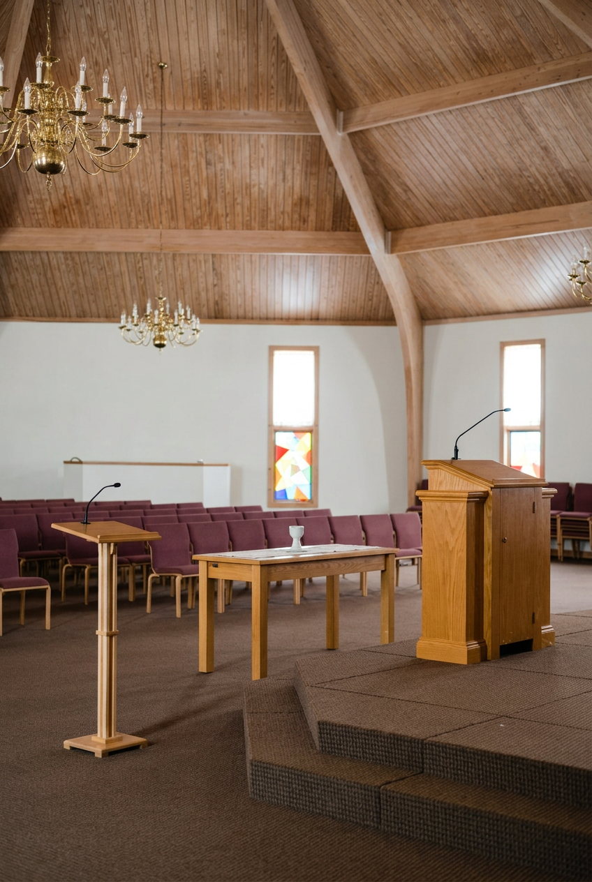 Interior of a church sanctuary with wooden ceiling, chandeliers, a raised platform with a wooden pulpit, a lectern, and chairs with purple cushions.