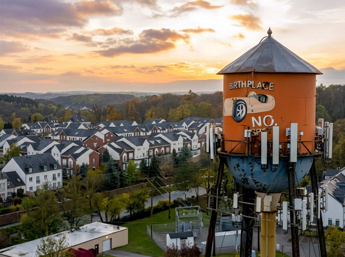 Sunset over a neighborhood with modern houses and a water tower in the foreground that has the words 'Birthplace No. Spo' attached to it.