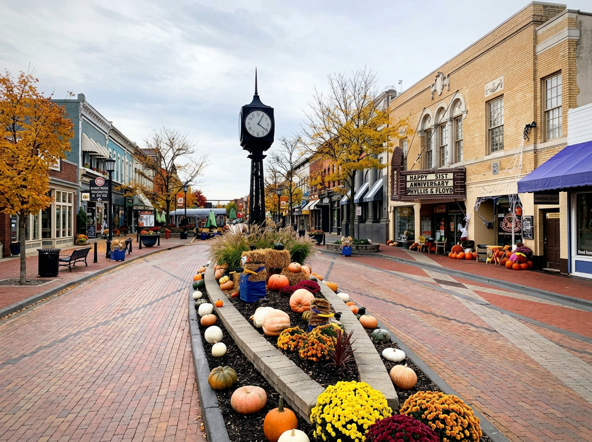 Empty brick-paved Main Street with fall decorations, including pumpkins and mums, from an autumn festival or celebration, with shops, a clock tower, and leafless trees in the background.