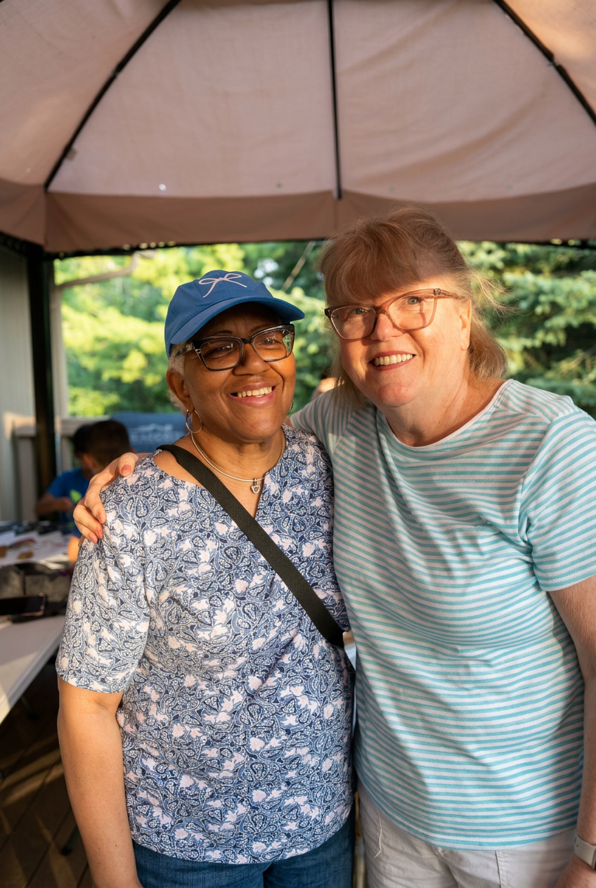 Two women smiling and hugging under a canopy outdoors, with trees and a table in the background.