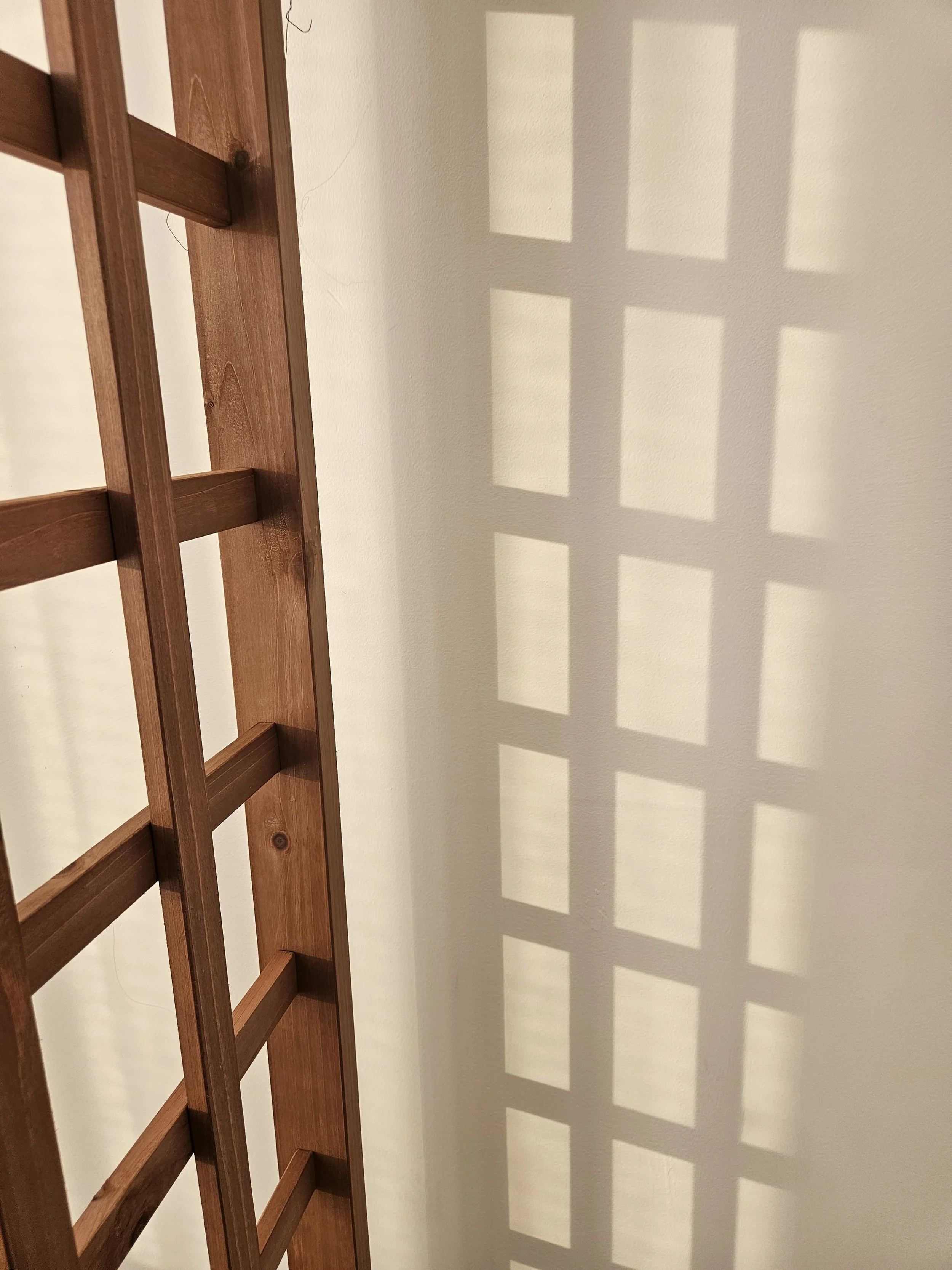 The image shows the shadow of a wooden bed frame cast on a white wall.