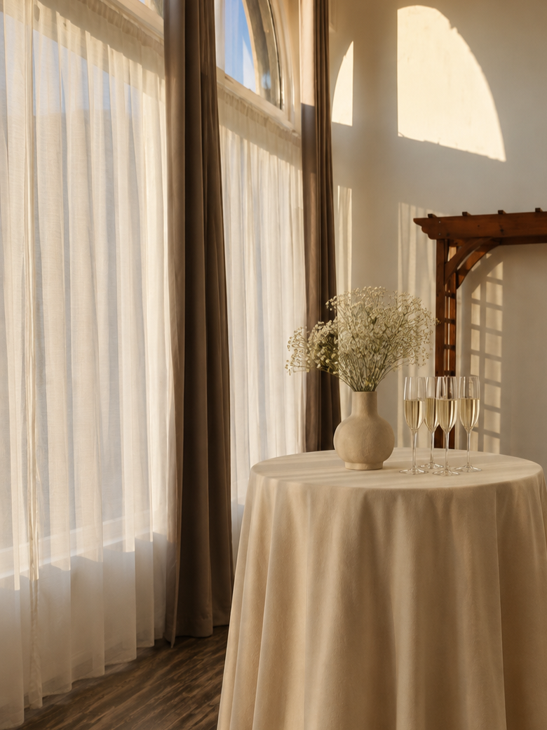A round table with a beige tablecloth, holding a beige vase with white baby's breath flowers and four glasses of champagne, set in front of large windows with sheer curtains in a sunlit room.