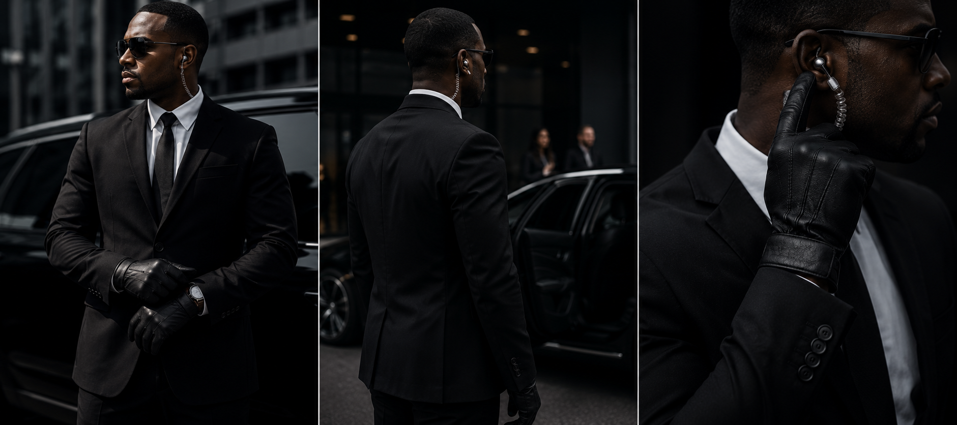 A man in a black suit, black gloves, sunglasses, and earphones, standing beside a black luxury car in an urban setting, with a close-up of him adjusting the earpiece.