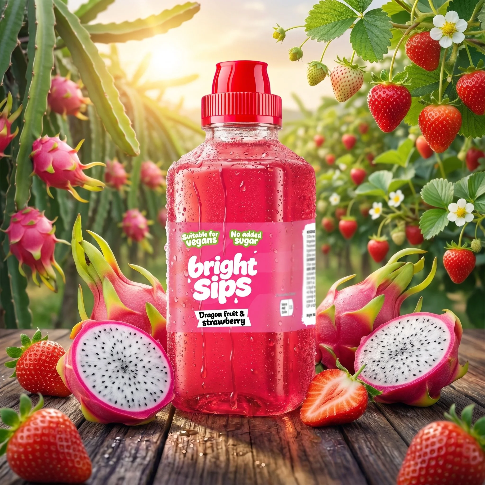 Bright Sips Dragon Fruit & Strawberry kids drink bottle with fresh dragon fruit and strawberries, no added sugar fruit drink for children on a tropical wooden table in a vibrant fruit garden.
