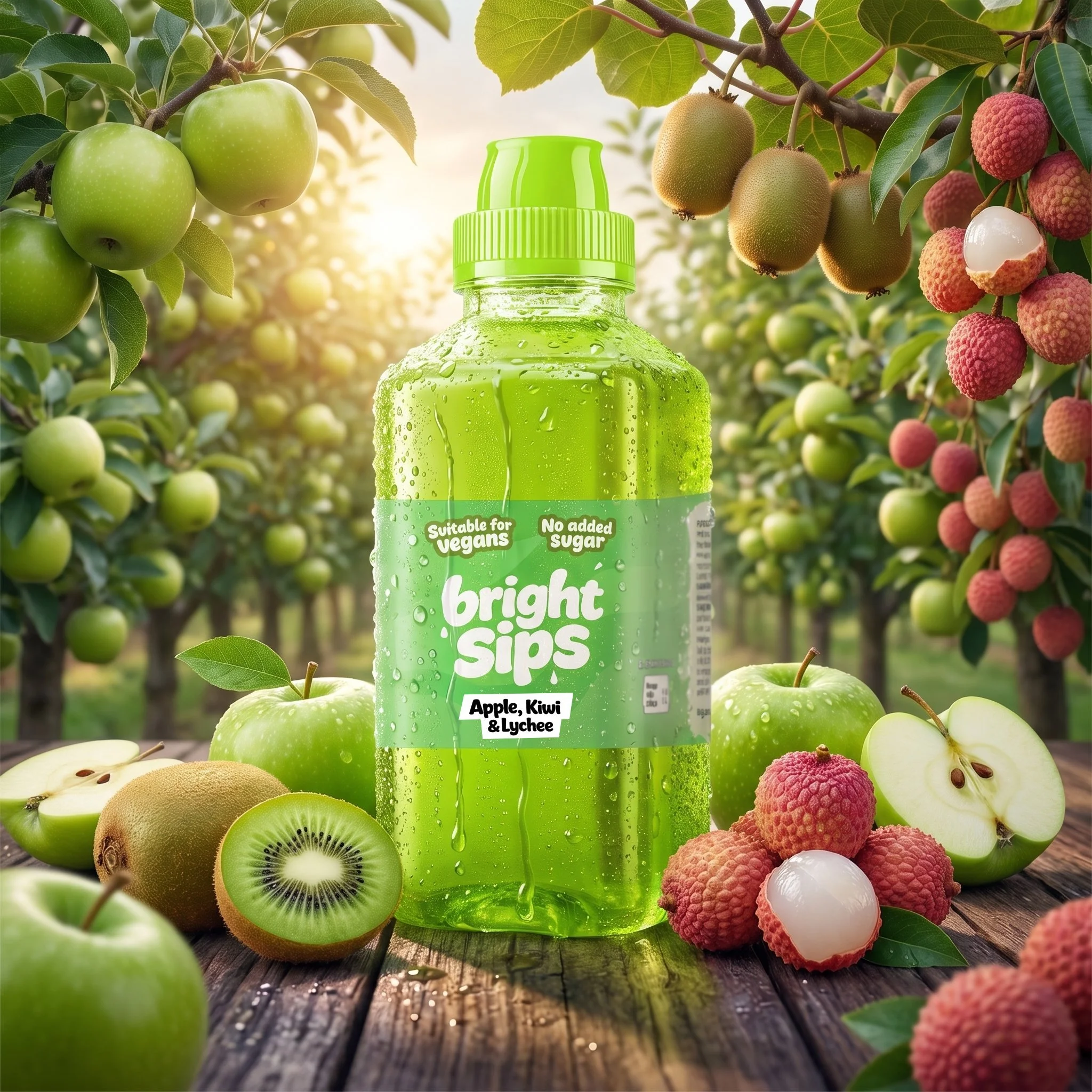 Bright Sips Apple, Kiwi & Lychee kids drink bottle with fresh apples, kiwi and lychee fruit, no added sugar fruit drink for children displayed on a rustic wooden table in a vibrant orchard setting.