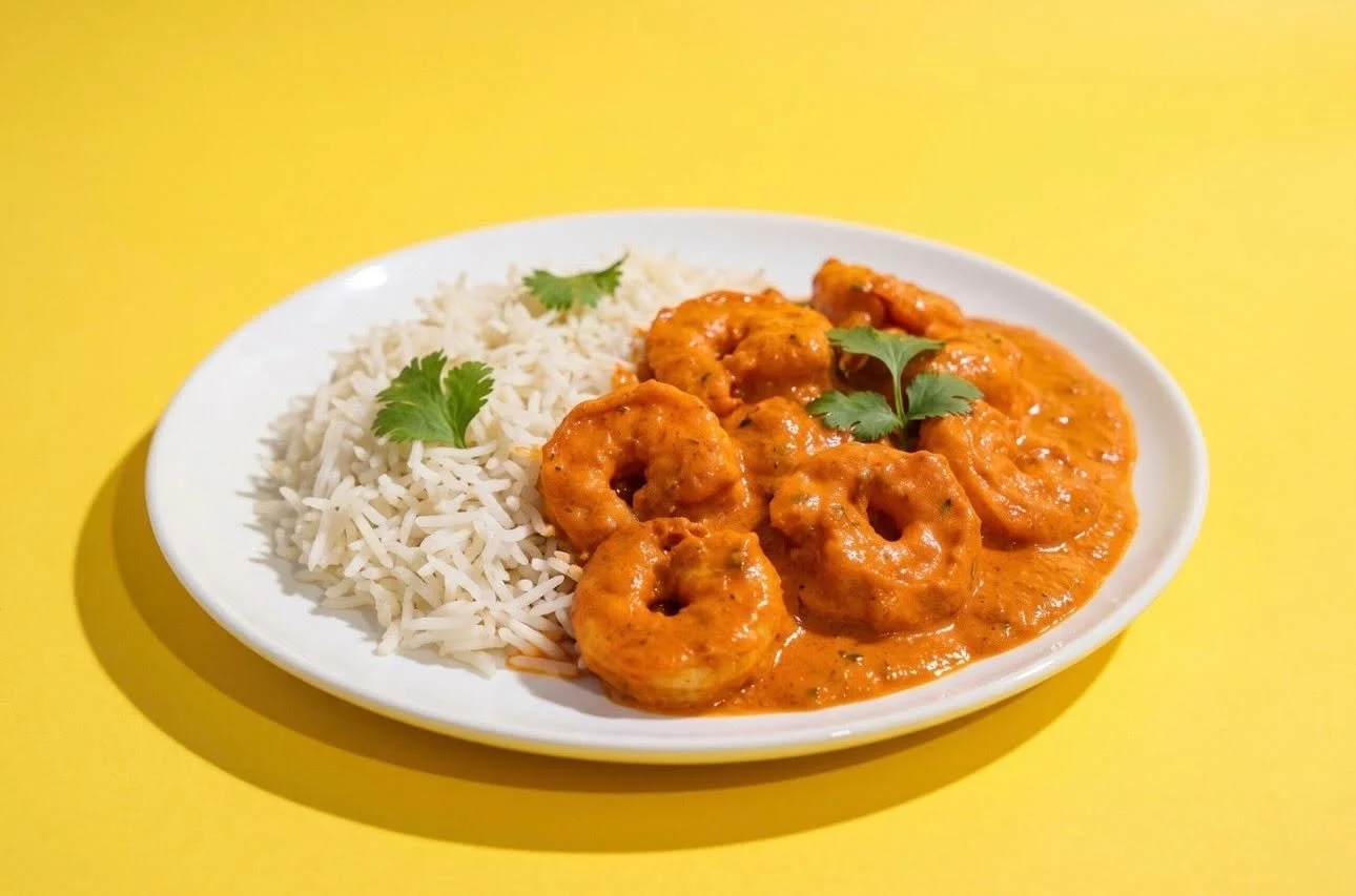 Shrimp curry served with white rice garnished with cilantro on a white plate against a yellow background.
