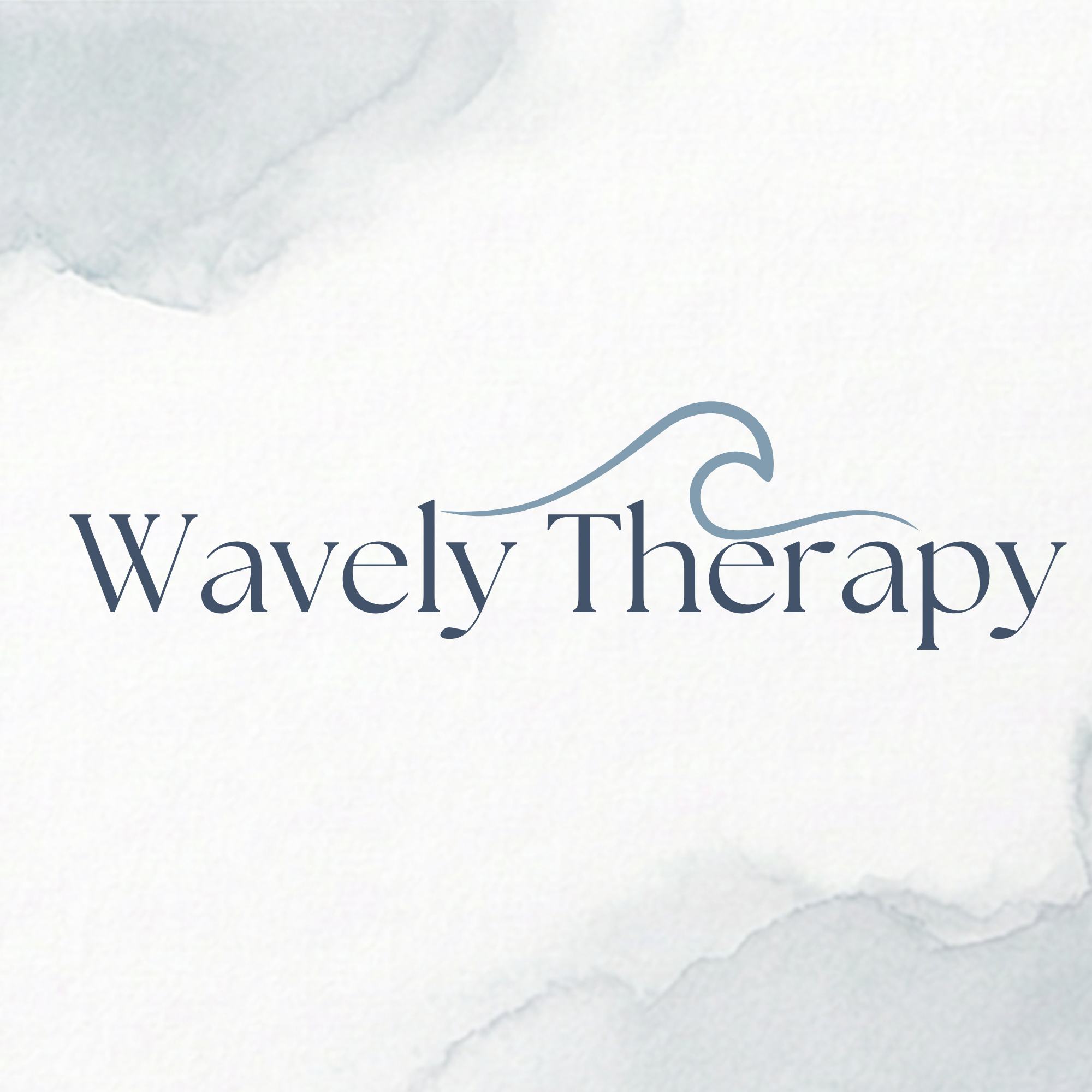 Wavely Therapy Logo. Multi colored blue watercolor with blue text.