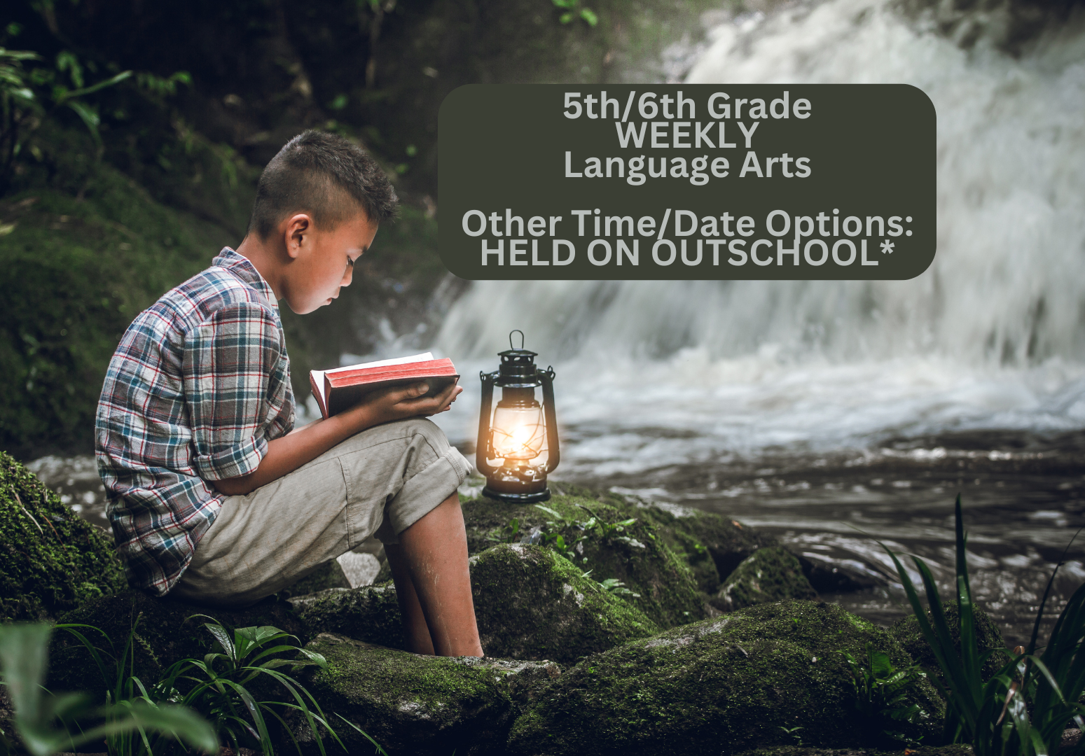 A young boy in a plaid shirt and shorts sitting on rocks by a waterfall, reading a book, with a lantern beside him.