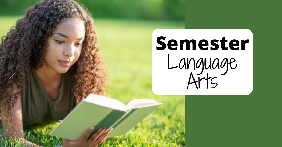 A young woman with curly hair lying on grass and reading a book outdoors on a sunny day. Text overlay says "Semester Language Arts."