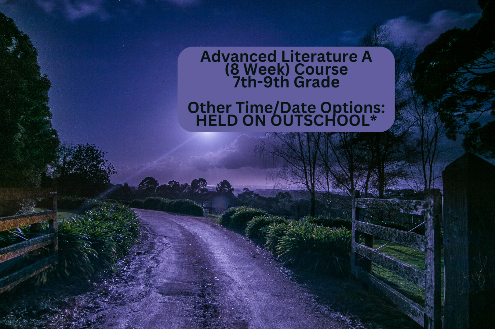 Nighttime rural dirt road with trees and fence on either side, under a dark, cloudy sky with lightning.
