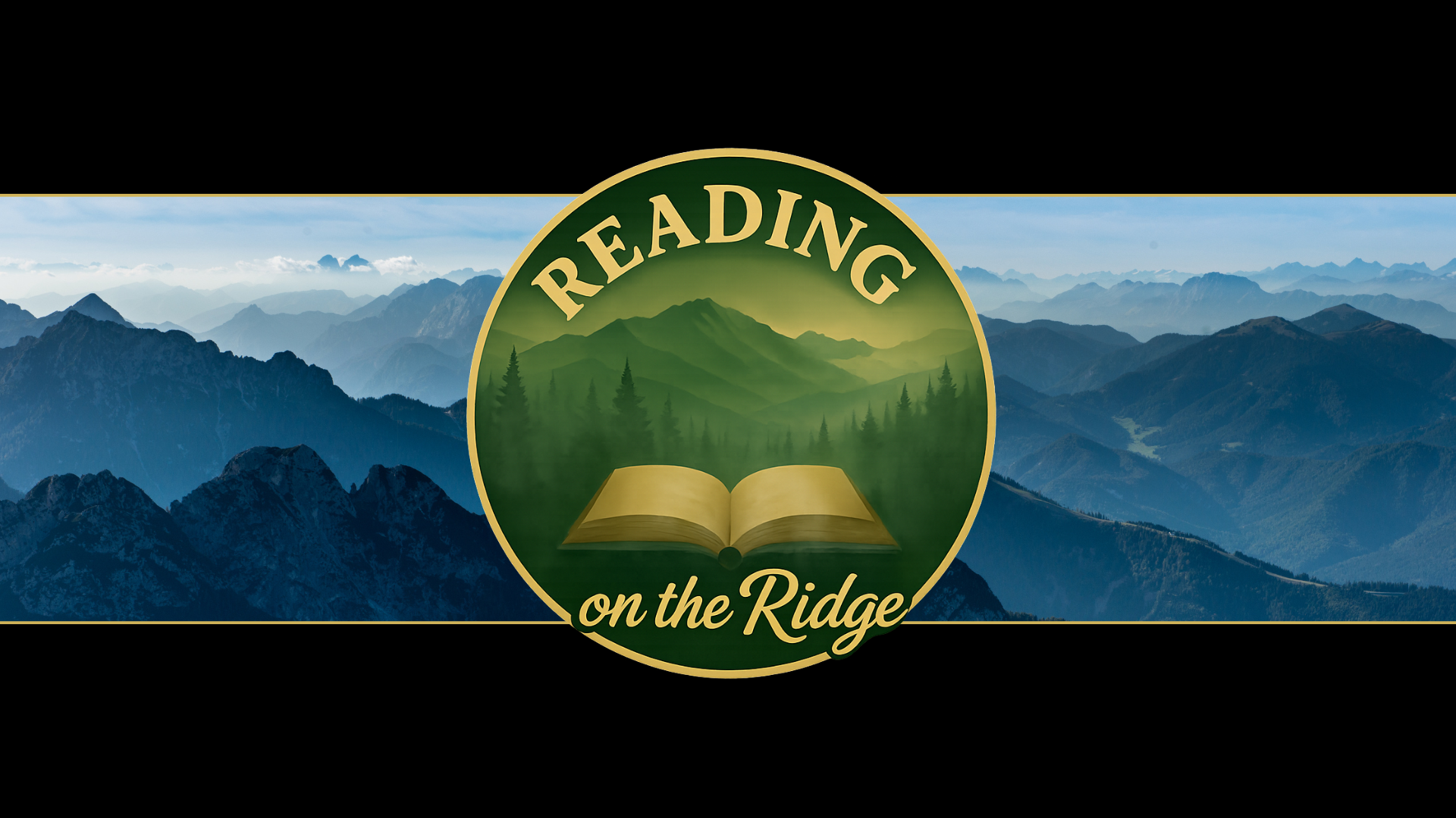 A mountainous landscape with clouds and trees, a green circular emblem with an open book at the center, and the words "Reading on the Ridge."