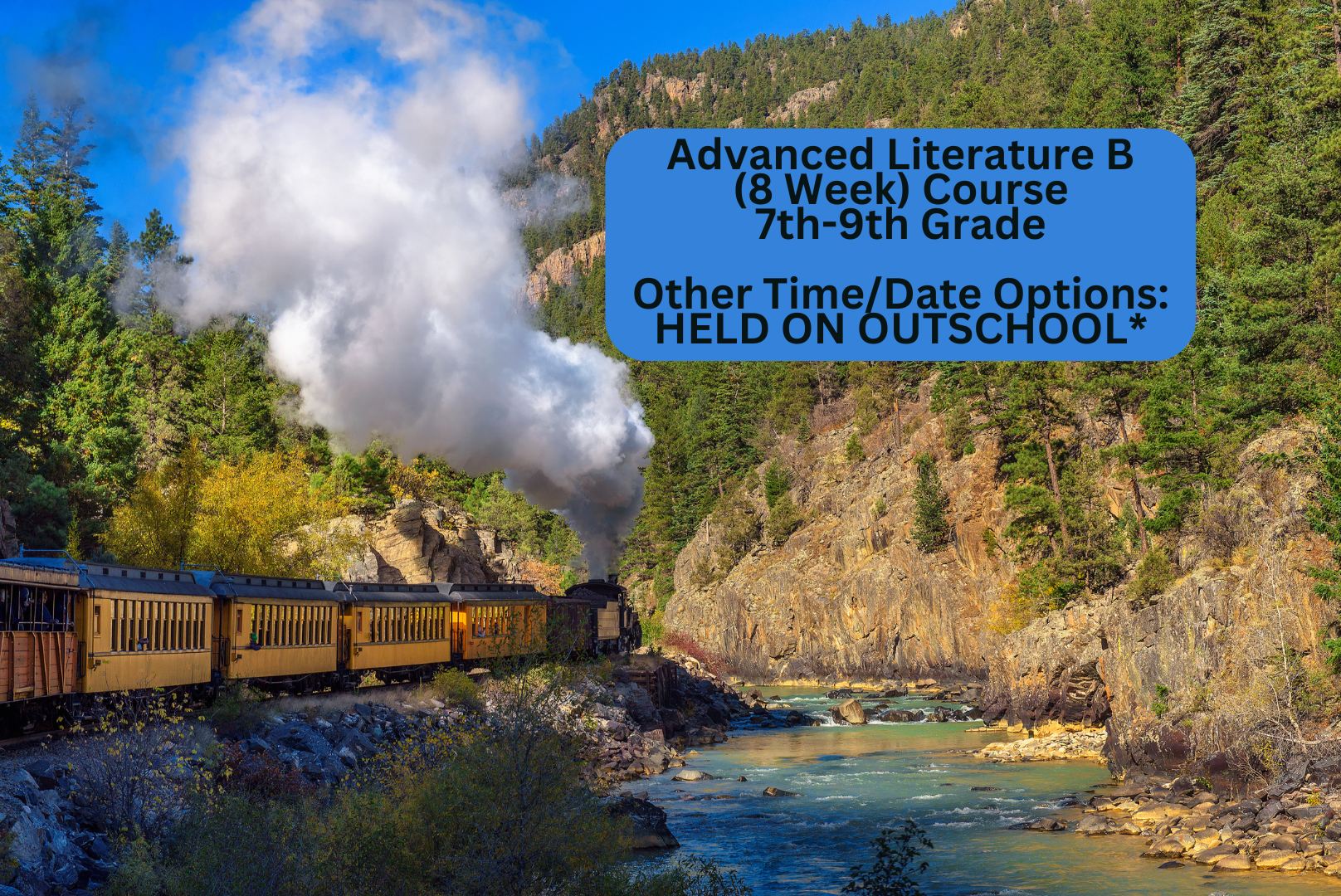 A train traveling through a mountainous landscape with a river at the bottom, lush green trees, and cliffs, with a blue sky and some clouds.