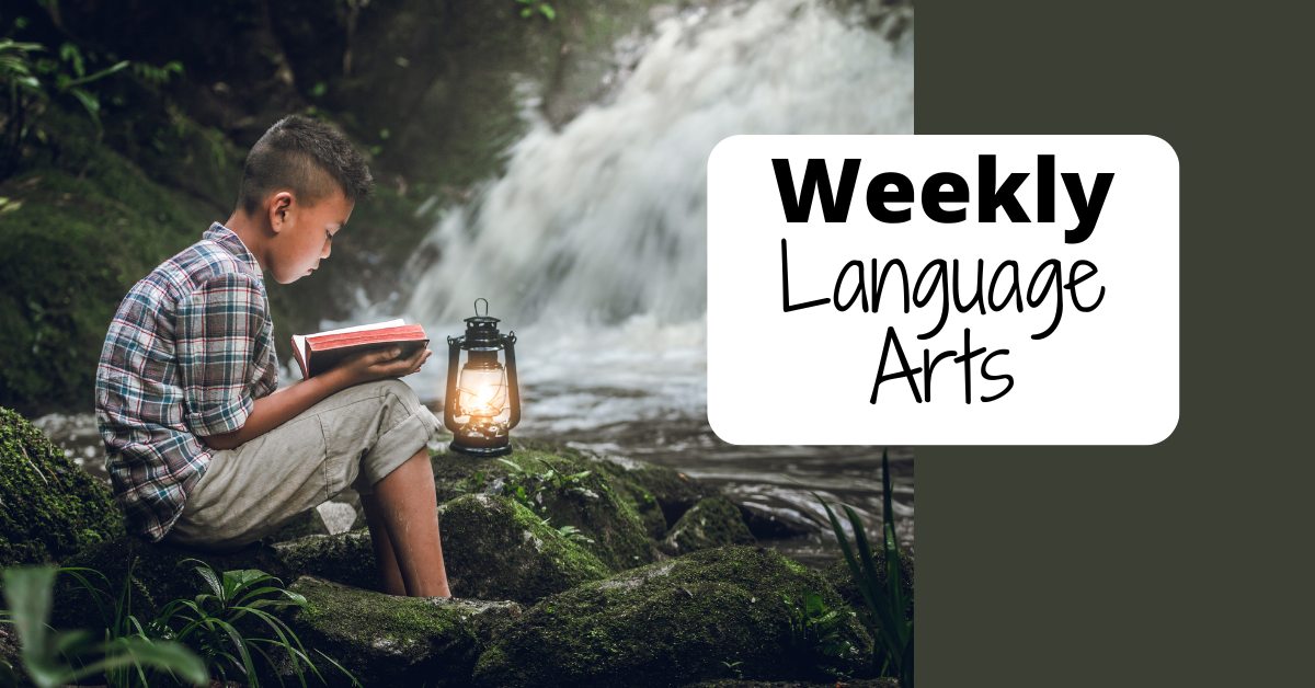 A boy sitting on mossy rocks by a waterfall, reading a book by lantern light, with a "Weekly Language Arts" text overlay.