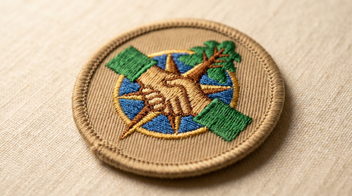 A beige circular embroidered patch depicting two clasped hands holding a spear with a green flag and green leafy branch, set against a blue and yellow background.