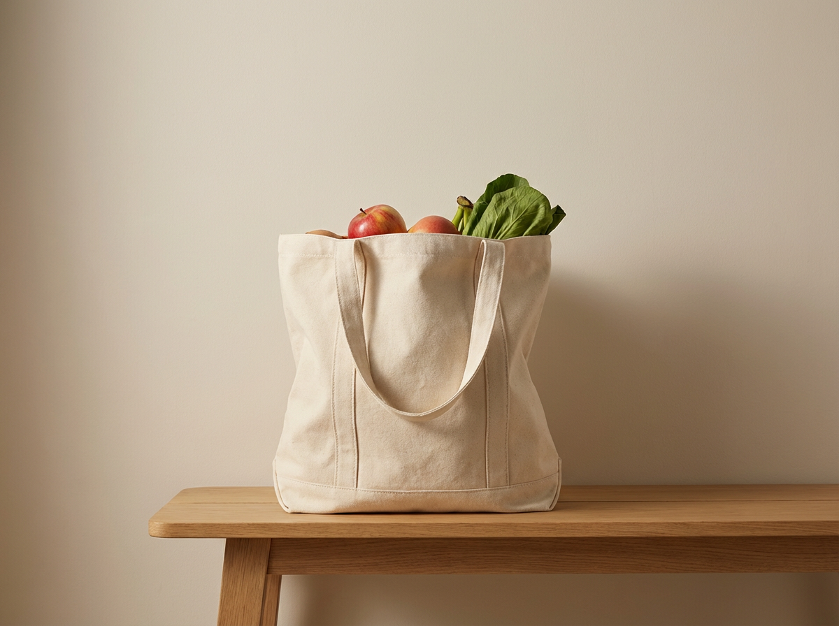 A beige fabric tote bag filled with apples and leafy greens on a wooden surface against a plain beige wall.