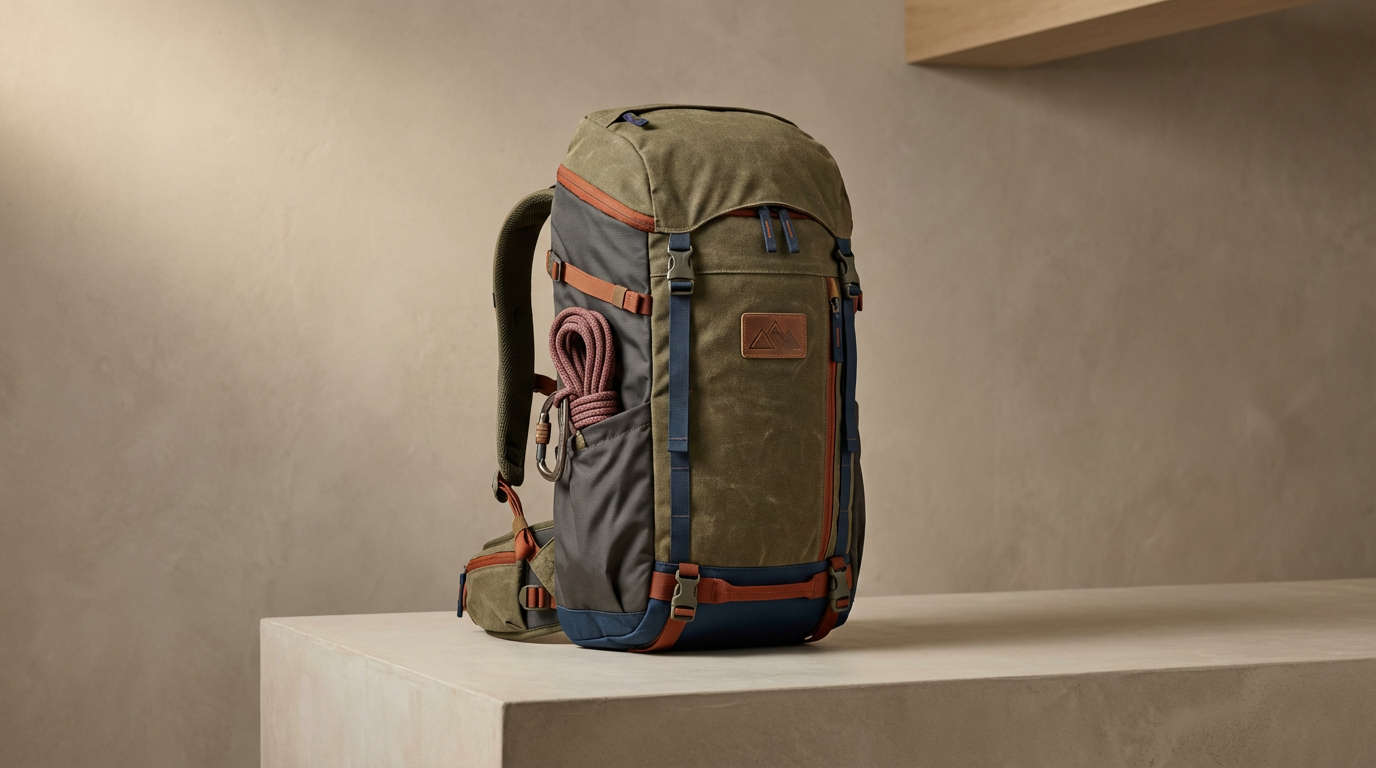 Mochila de aventura em tons de verde, cinza e detalhes laranja, colocada sobre uma superfície de cor clara.