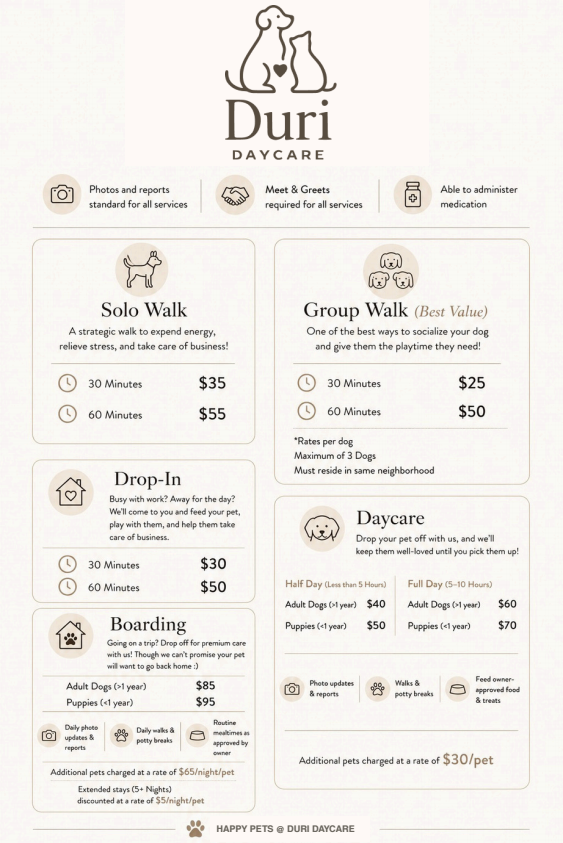 Duri Daycare services menu with options for Solo Walk, Group Walk, Drop-In, Boarding, and Daycare, including prices and durations.