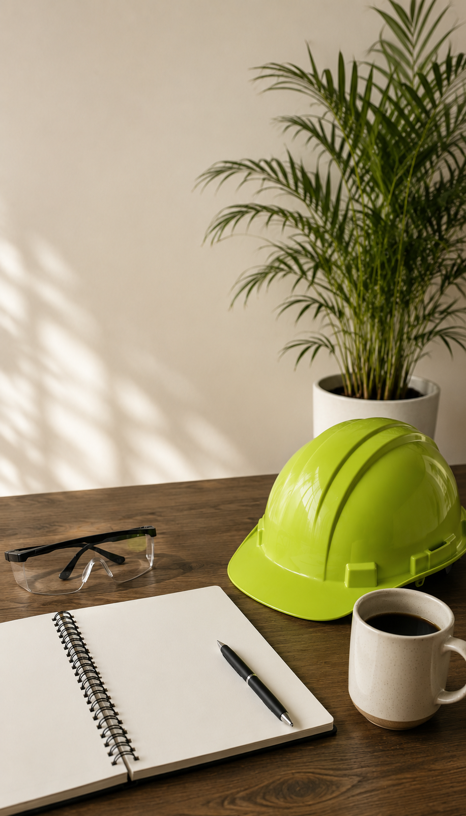 A wooden desk with a spiral notebook, a black pen, safety glasses, a green hard hat, a potted plant, and a cup of coffee.