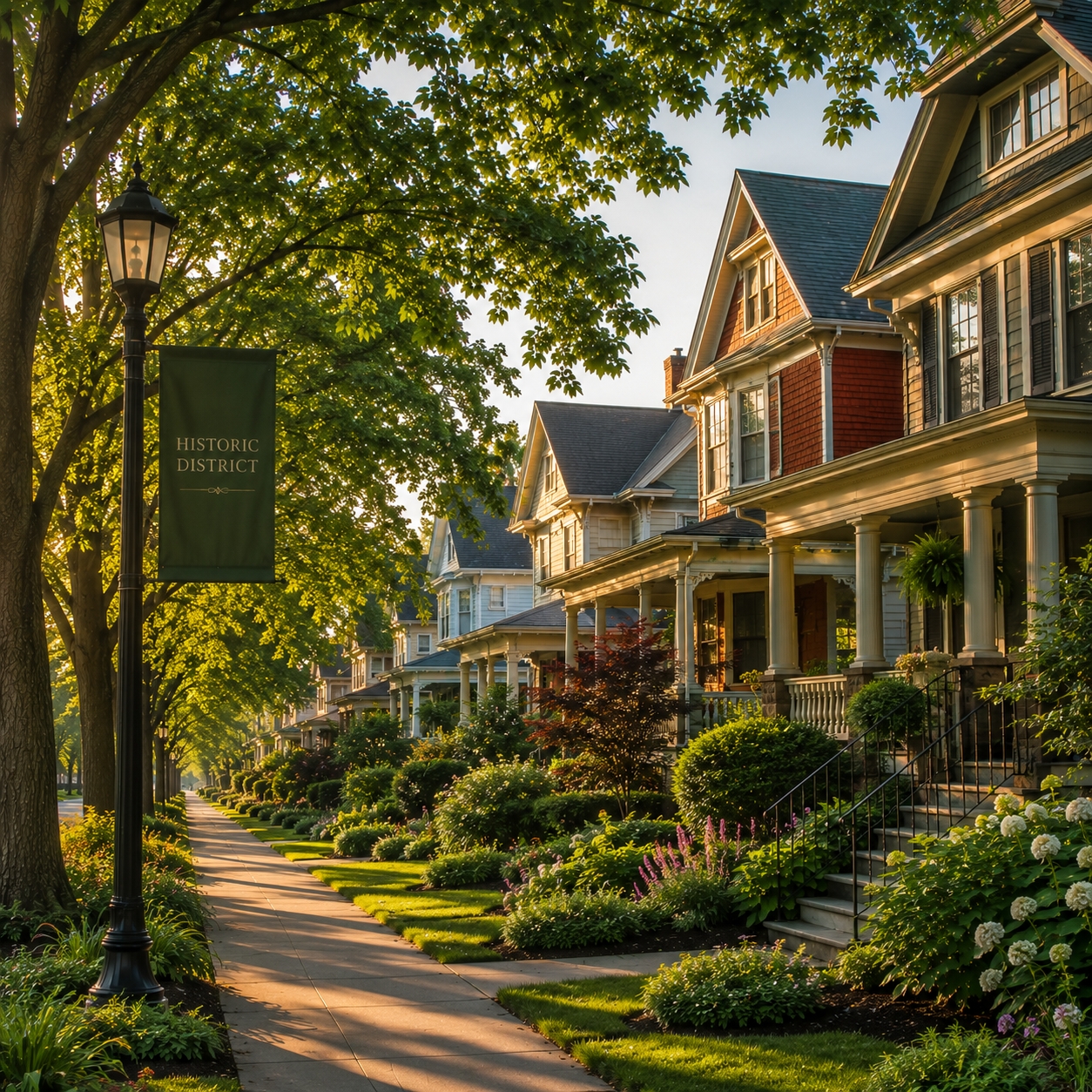 Residential street with colorful houses, lush gardens, and a sidewalk shaded by trees, featuring a sign that says 'Historic District'.